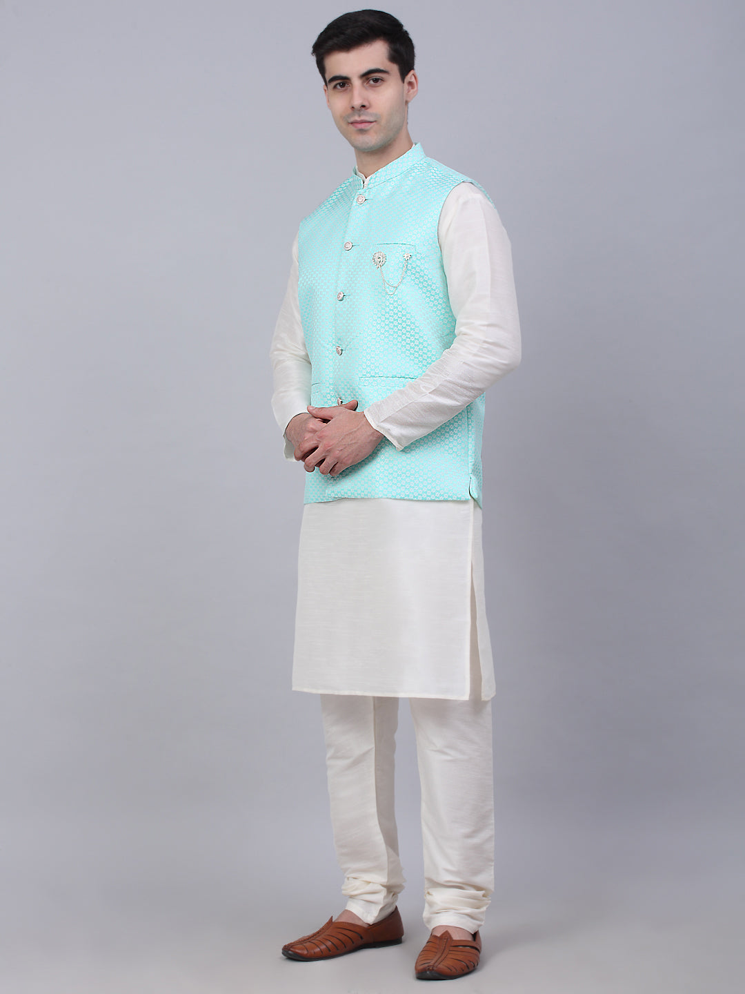 Jompers Men's Solid Kurta Pyjama With Woven Design Nehru Jacket - Sky Blue