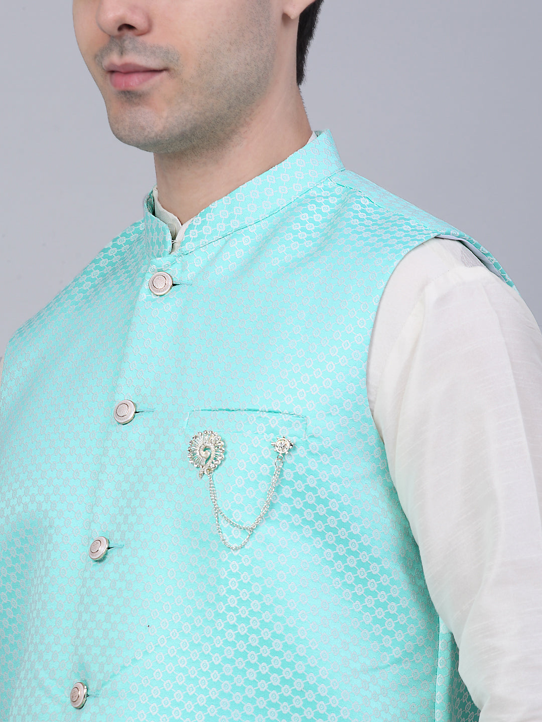 Jompers Men's Solid Kurta Pyjama With Woven Design Nehru Jacket - Sky Blue