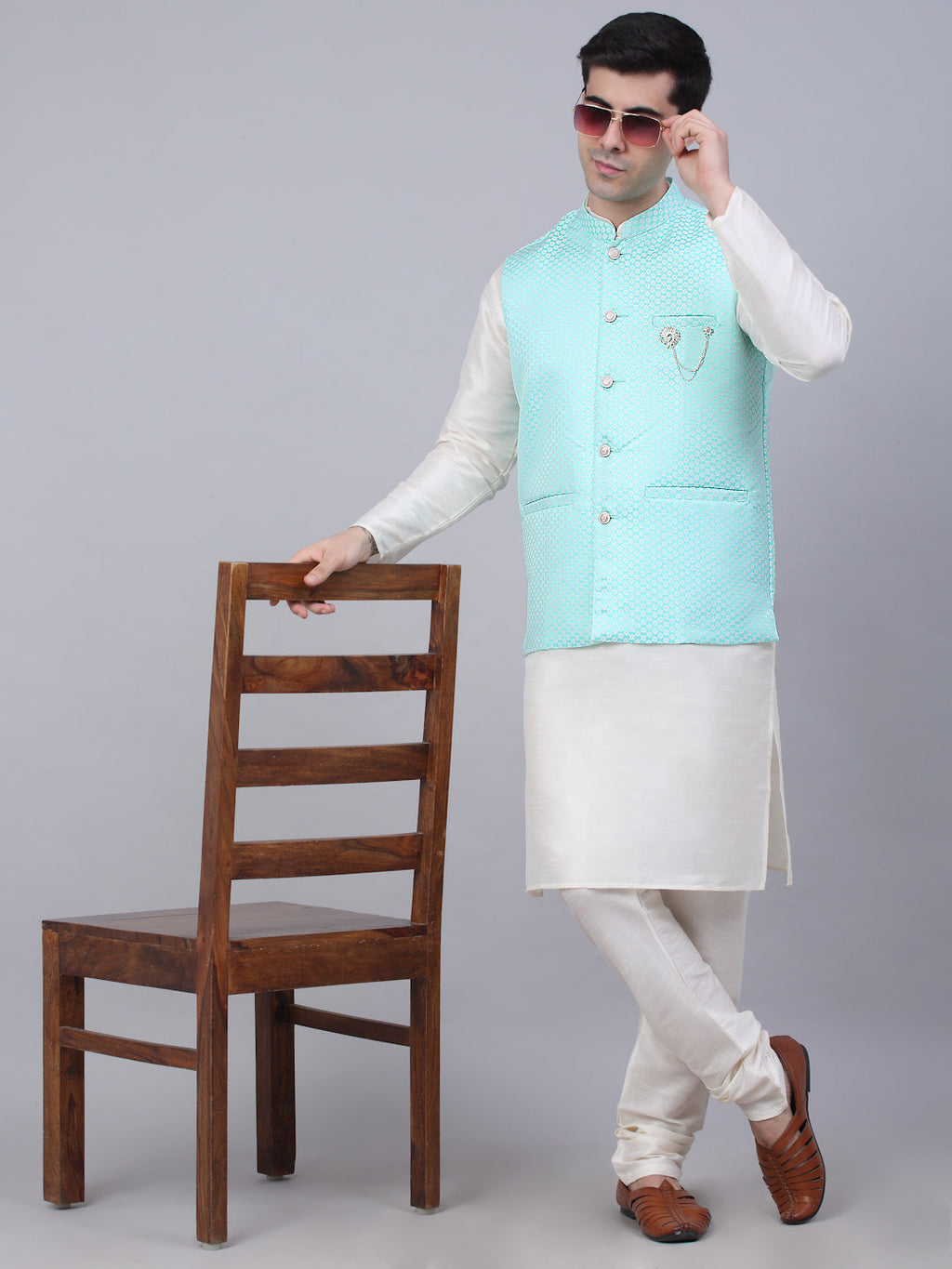Jompers Men's Solid Kurta Pyjama With Woven Design Nehru Jacket - Sky Blue