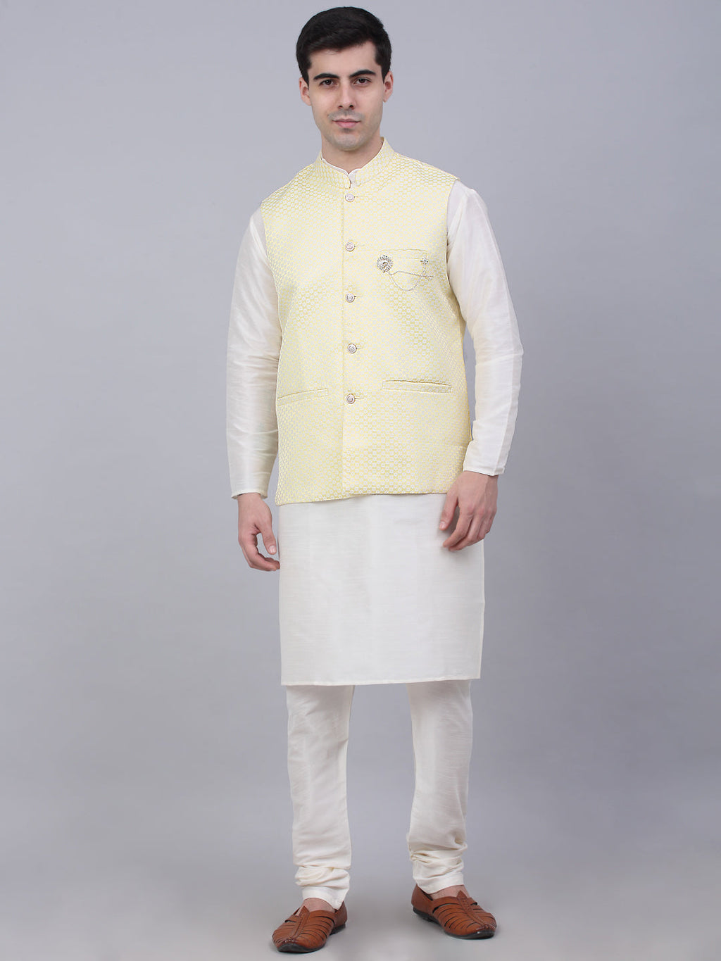 Jompers Men's Solid Kurta Pyjama With Woven Design Nehru Jacket - Yellow