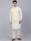 Jompers Men's Solid Kurta Pyjama With Woven Design Nehru Jacket - Yellow