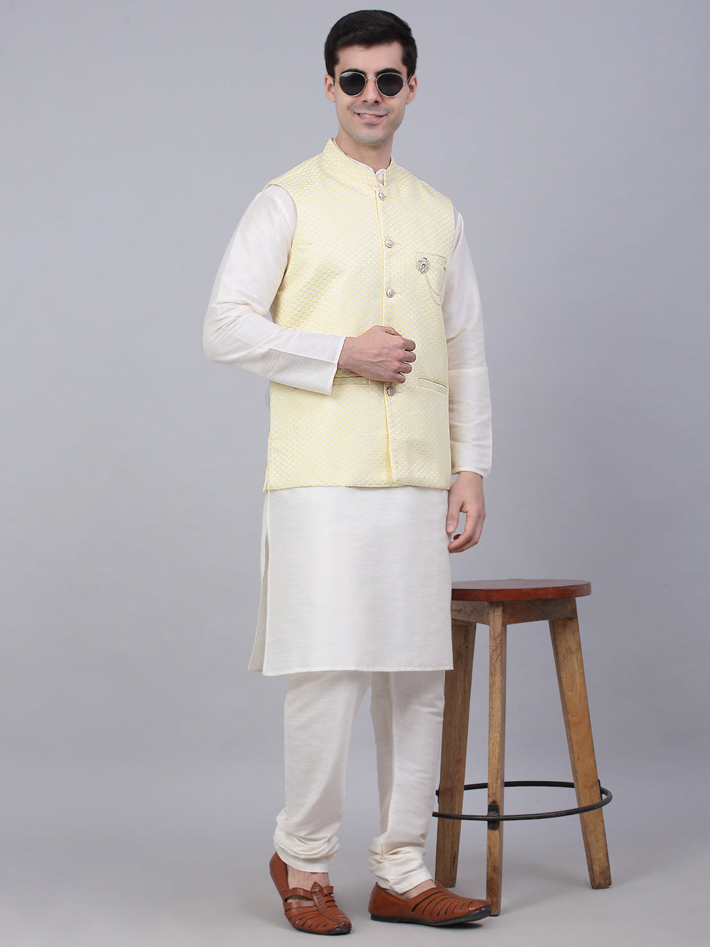 Jompers Men's Solid Kurta Pyjama With Woven Design Nehru Jacket - Yellow