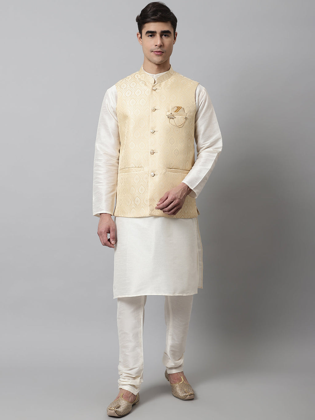 Jompers Men's Off White Solid Kurta Pyjama with Golden Woven Design Nehru Jacket