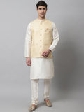 Jompers Men's Off White Solid Kurta Pyjama with Golden Woven Design Nehru Jacket