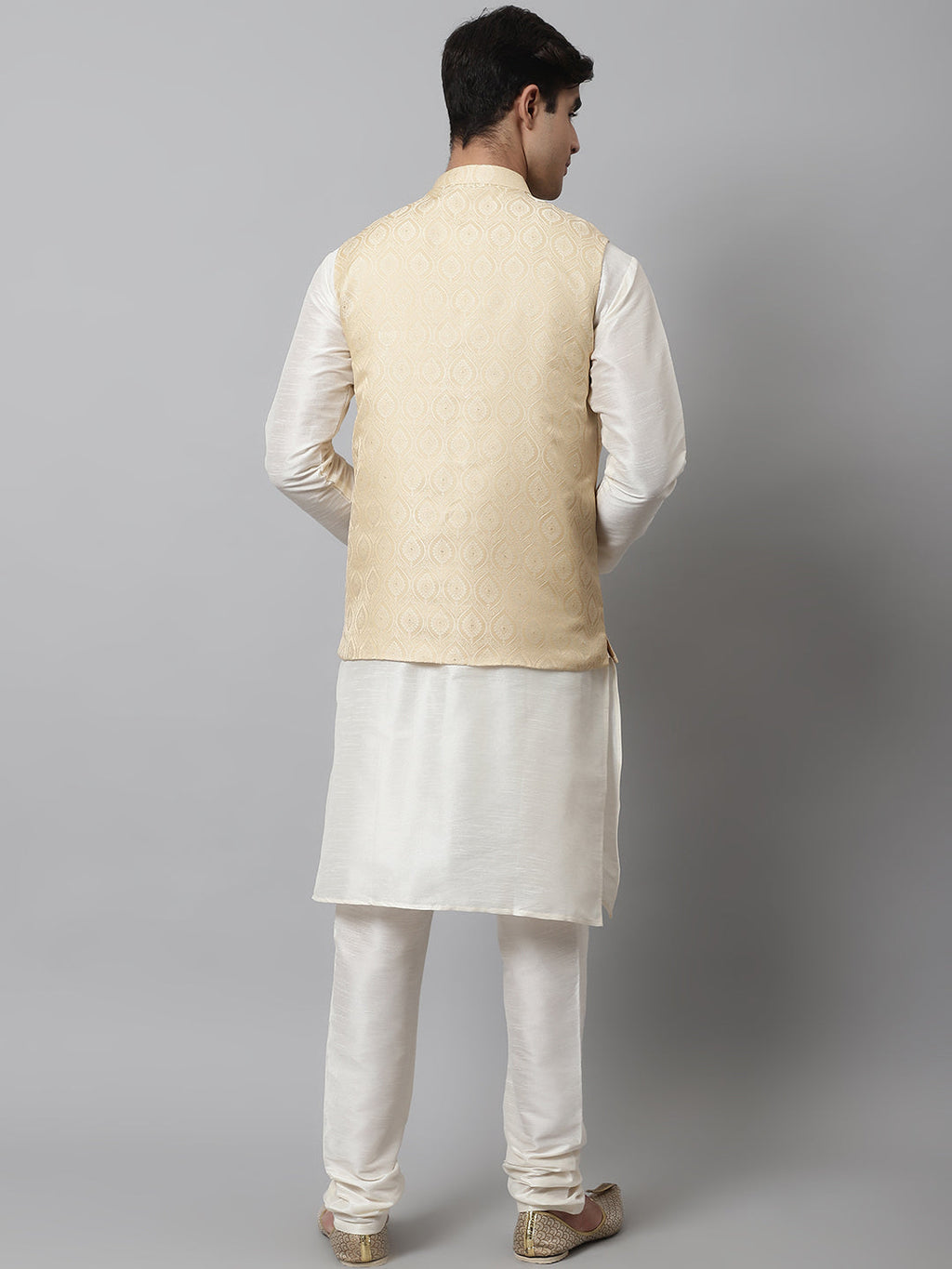 Jompers Men's Off White Solid Kurta Pyjama with Golden Woven Design Nehru Jacket