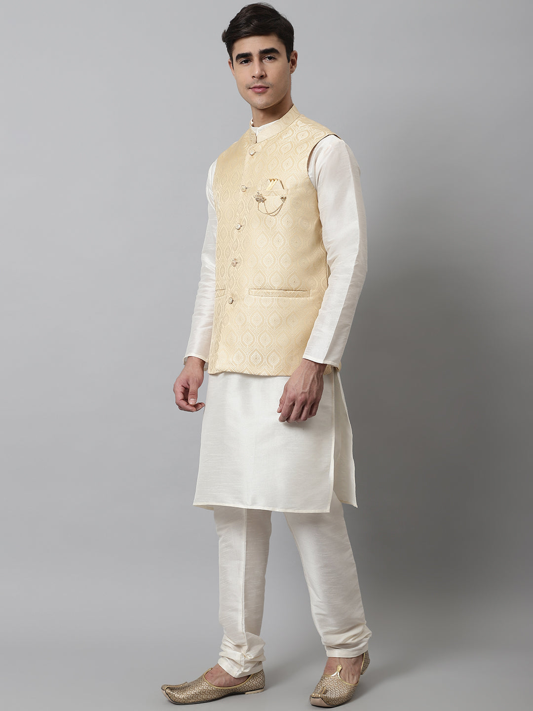 Jompers Men's Off White Solid Kurta Pyjama with Golden Woven Design Nehru Jacket