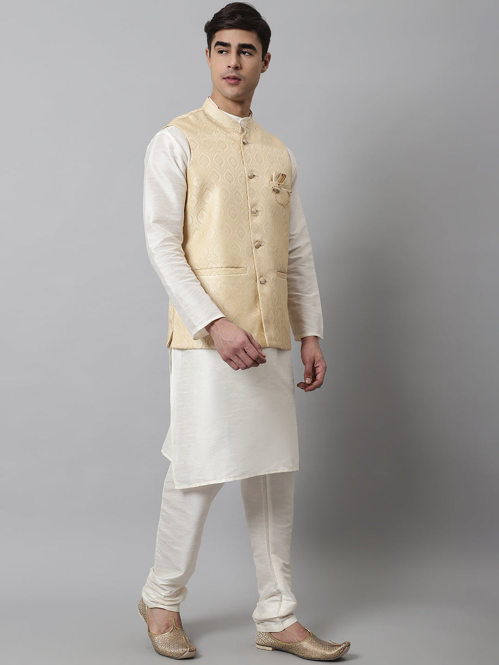Jompers Men's Off White Solid Kurta Pyjama with Golden Woven Design Nehru Jacket