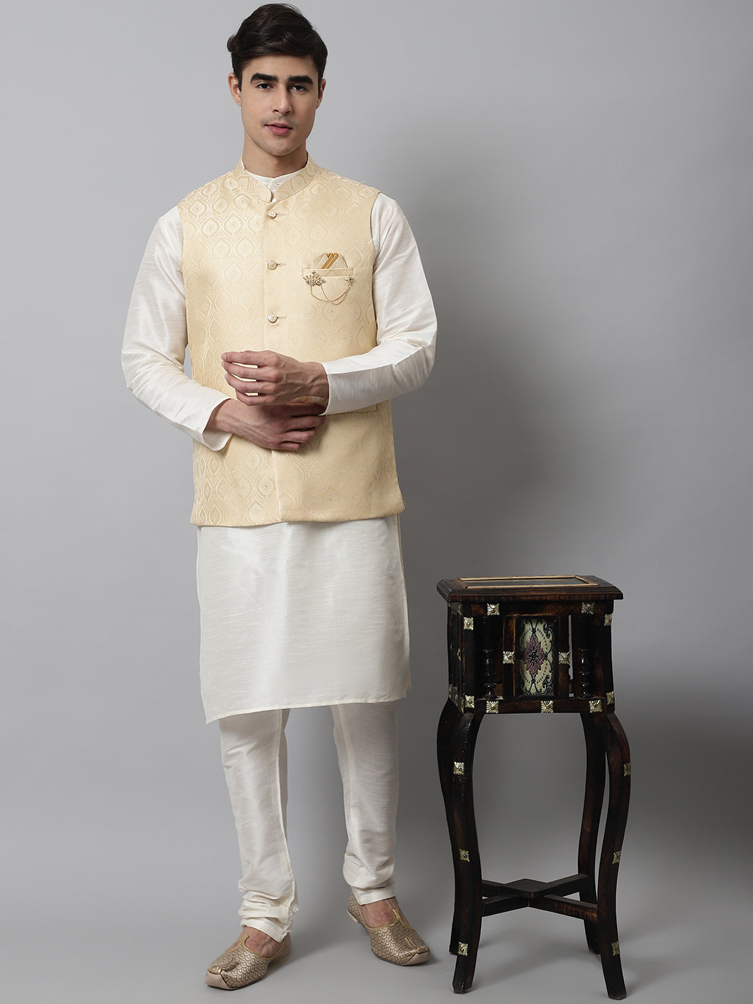 Jompers Men's Off White Solid Kurta Pyjama with Golden Woven Design Nehru Jacket