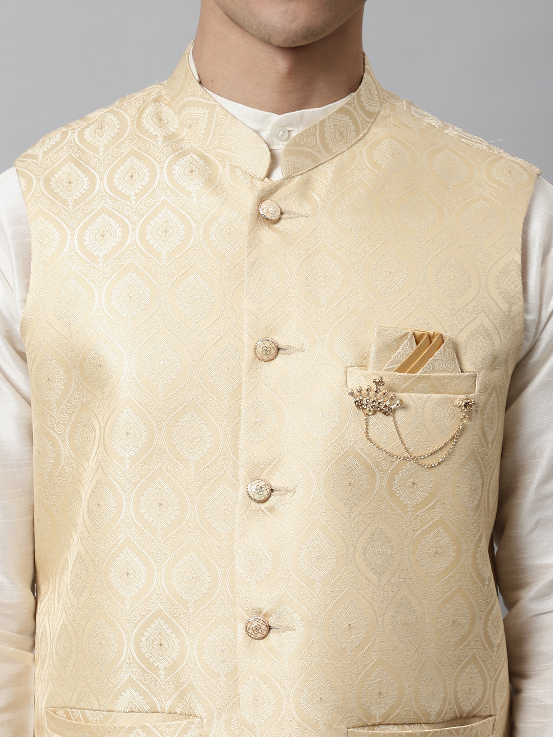 Jompers Men's Off White Solid Kurta Pyjama with Golden Woven Design Nehru Jacket