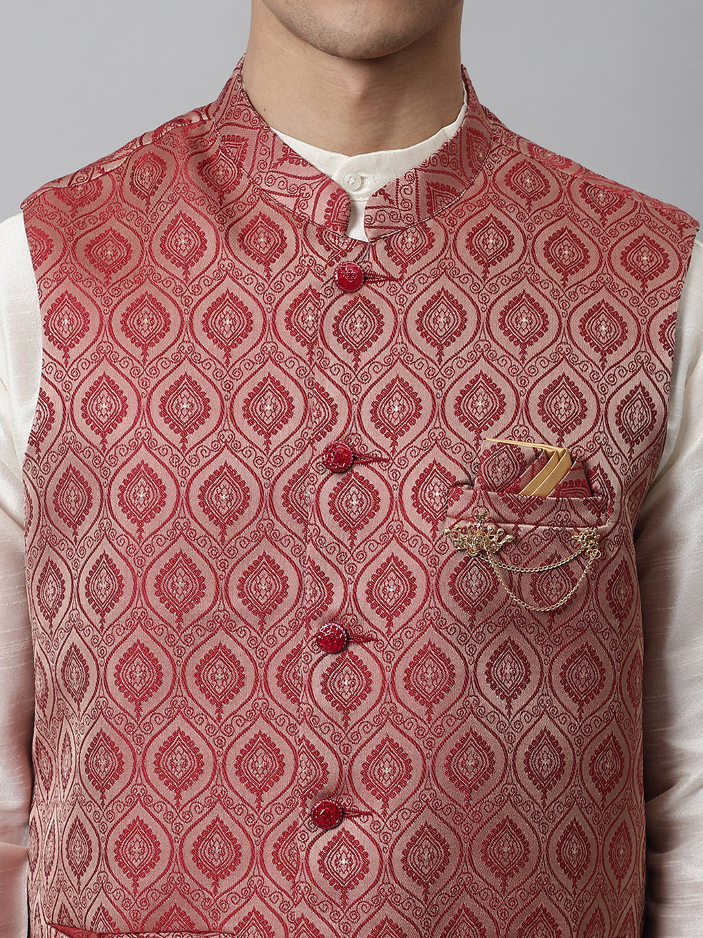 Jompers Men's Off White Solid Kurta Pyjama with Maroon Woven Design Nehru Jacket