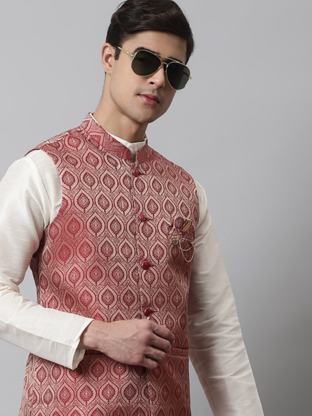 Jompers Men's Off White Solid Kurta Pyjama with Maroon Woven Design Nehru Jacket