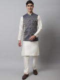 Jompers Men's Off White Solid Kurta Pyjama with Navy Blue Woven Design Nehru Jacket