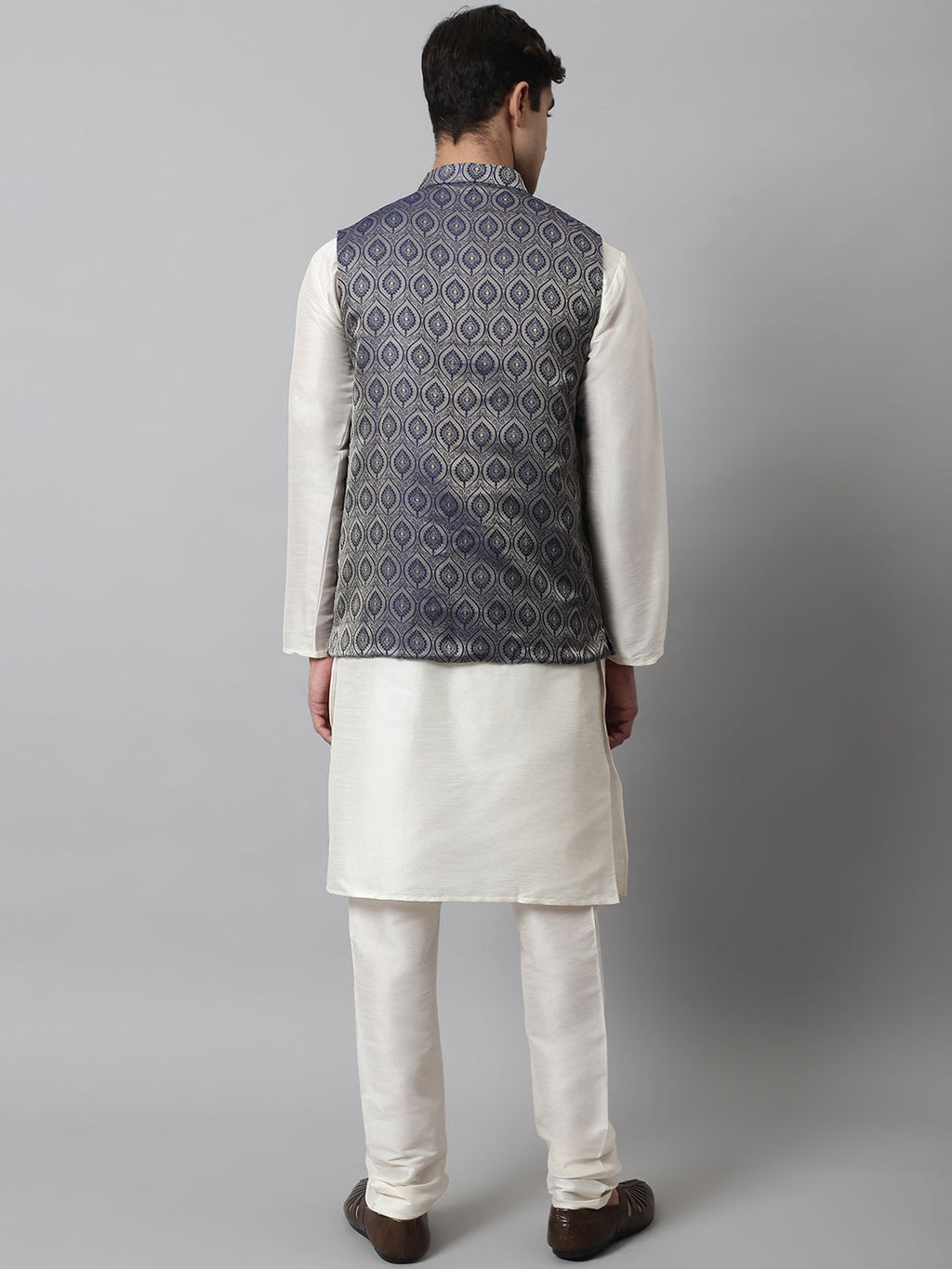 Jompers Men's Off White Solid Kurta Pyjama with Navy Blue Woven Design Nehru Jacket