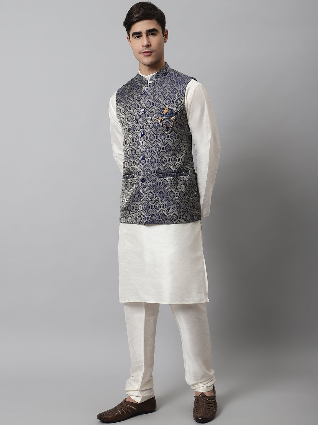 Jompers Men's Off White Solid Kurta Pyjama with Navy Blue Woven Design Nehru Jacket