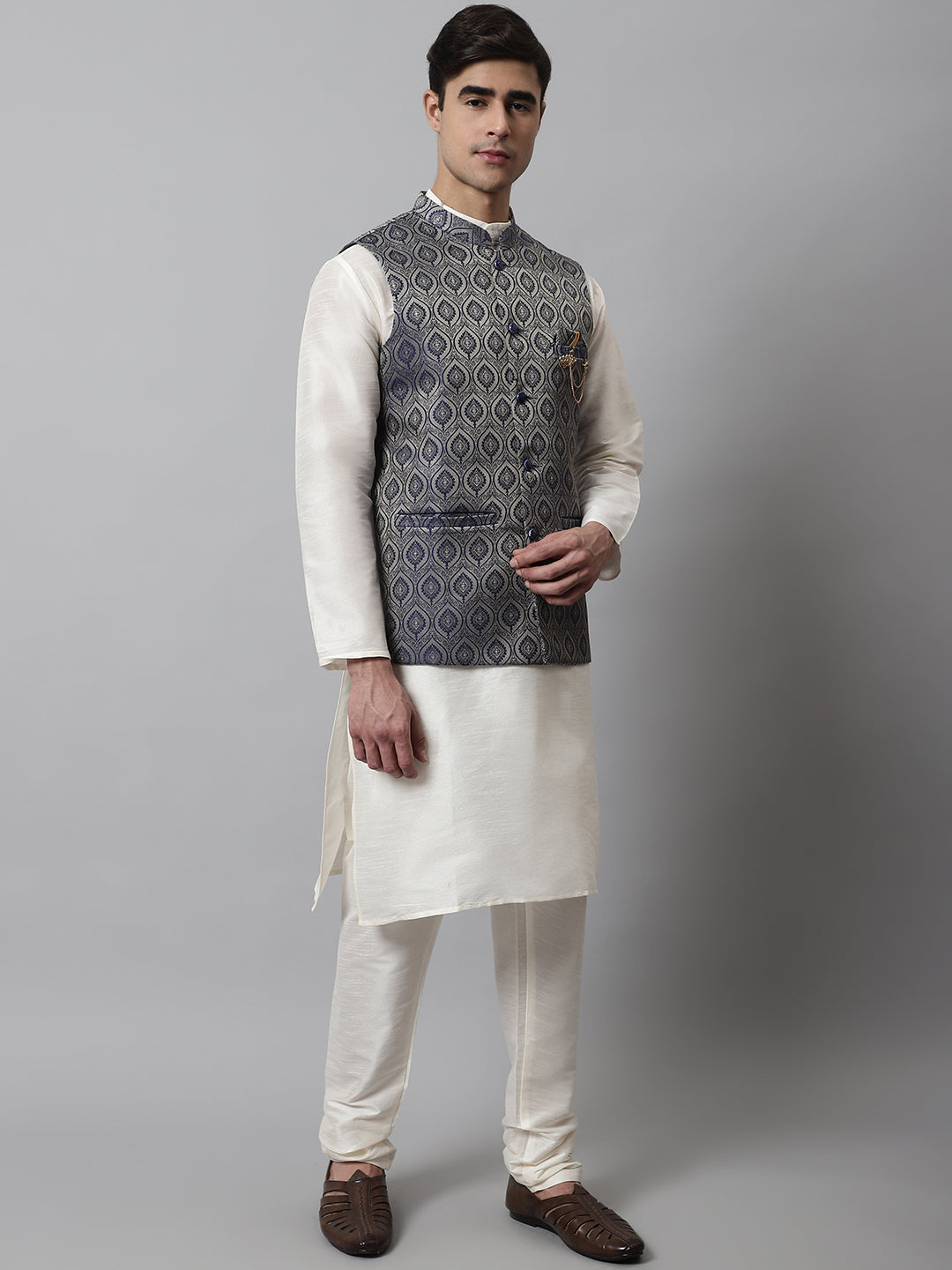 Jompers Men's Off White Solid Kurta Pyjama with Navy Blue Woven Design Nehru Jacket