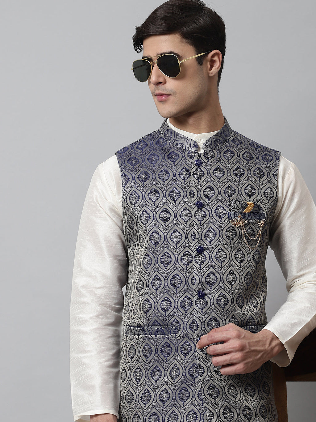 Jompers Men's Off White Solid Kurta Pyjama with Navy Blue Woven Design Nehru Jacket