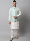Jompers Men's Off White Solid Kurta Pyjama with Sky Blue Woven Design Nehru Jacket