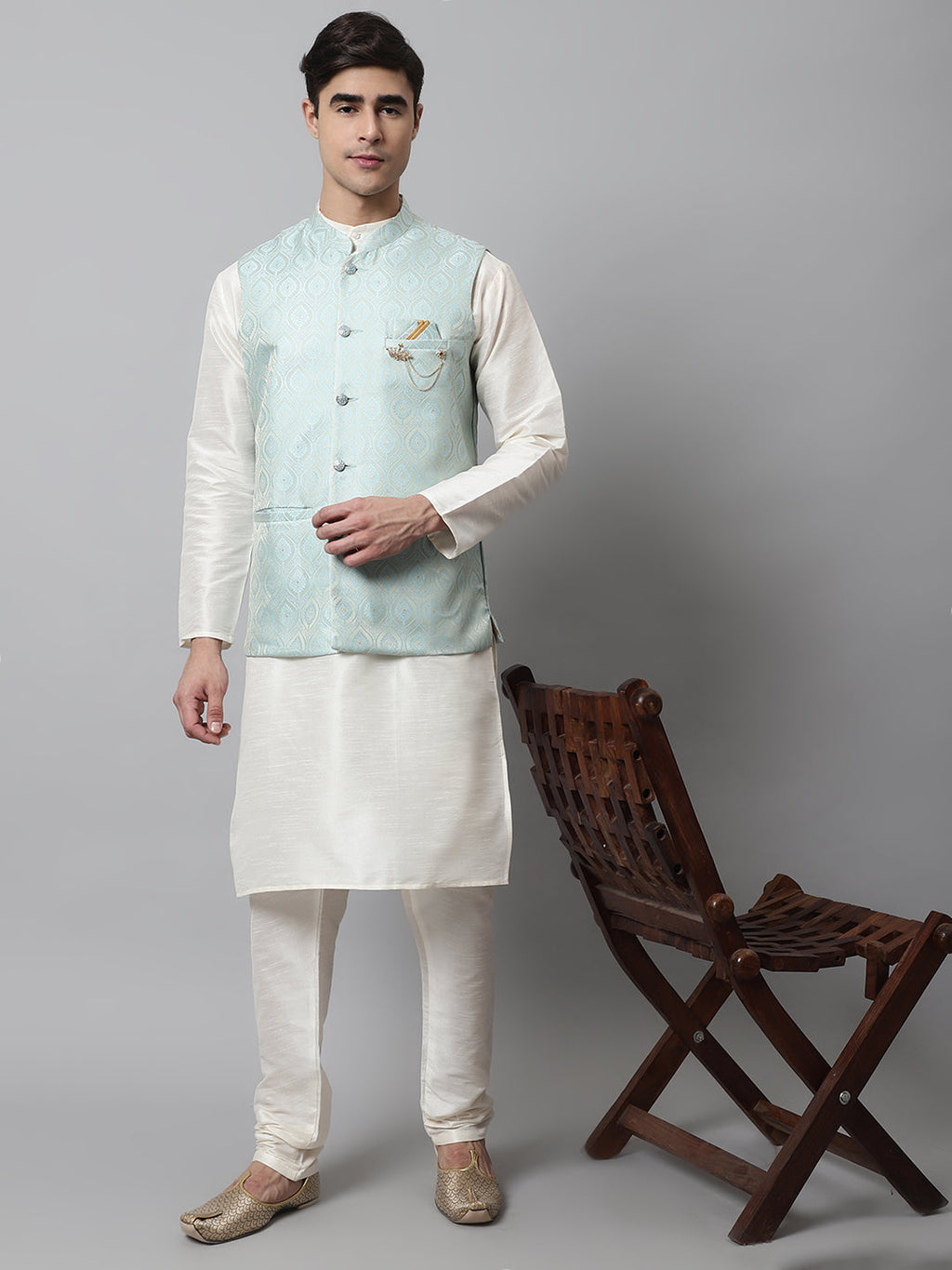Jompers Men's Off White Solid Kurta Pyjama with Sky Blue Woven Design Nehru Jacket