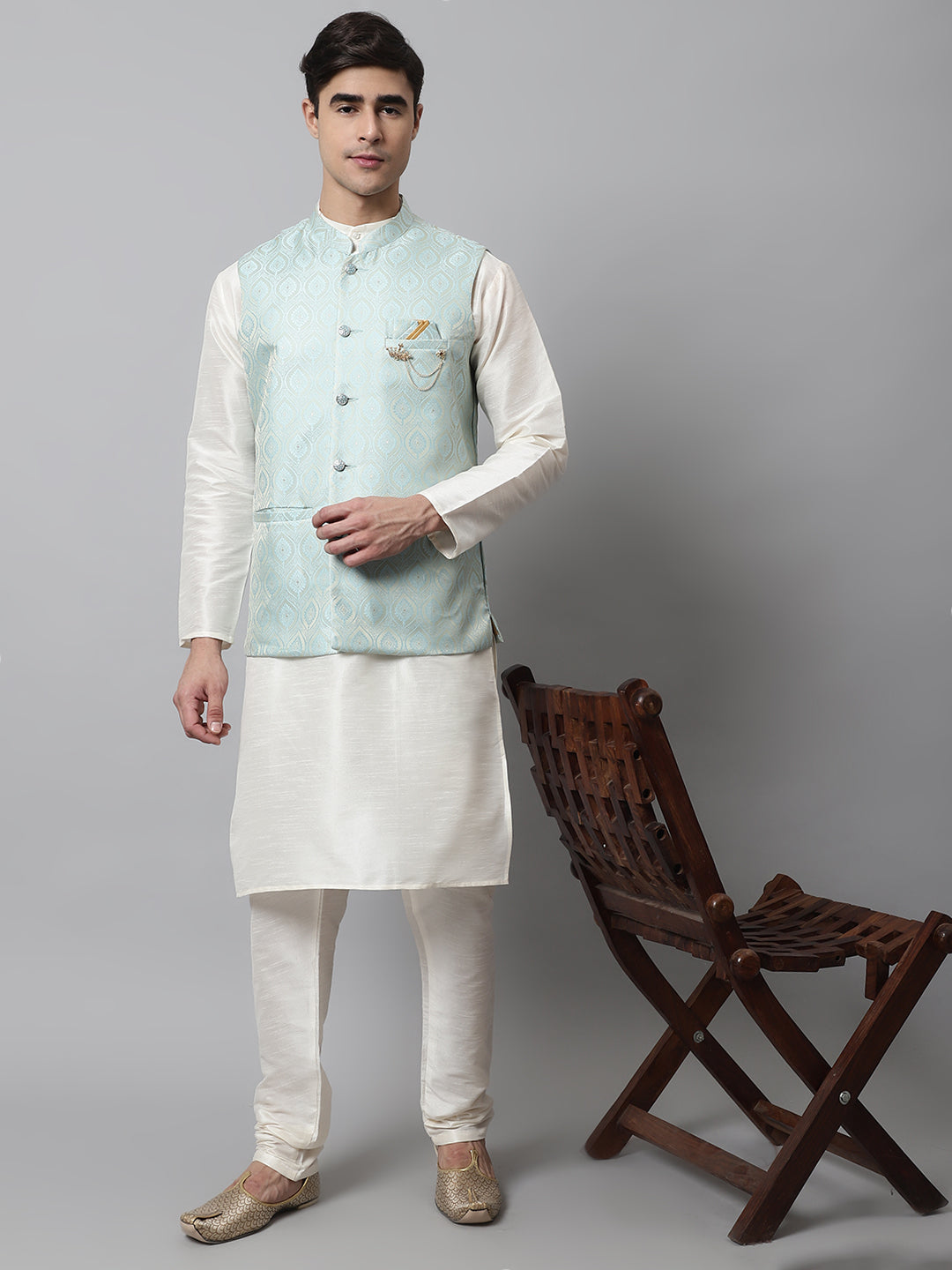 Jompers Men's Off White Solid Kurta Pyjama with Sky Blue Woven Design Nehru Jacket