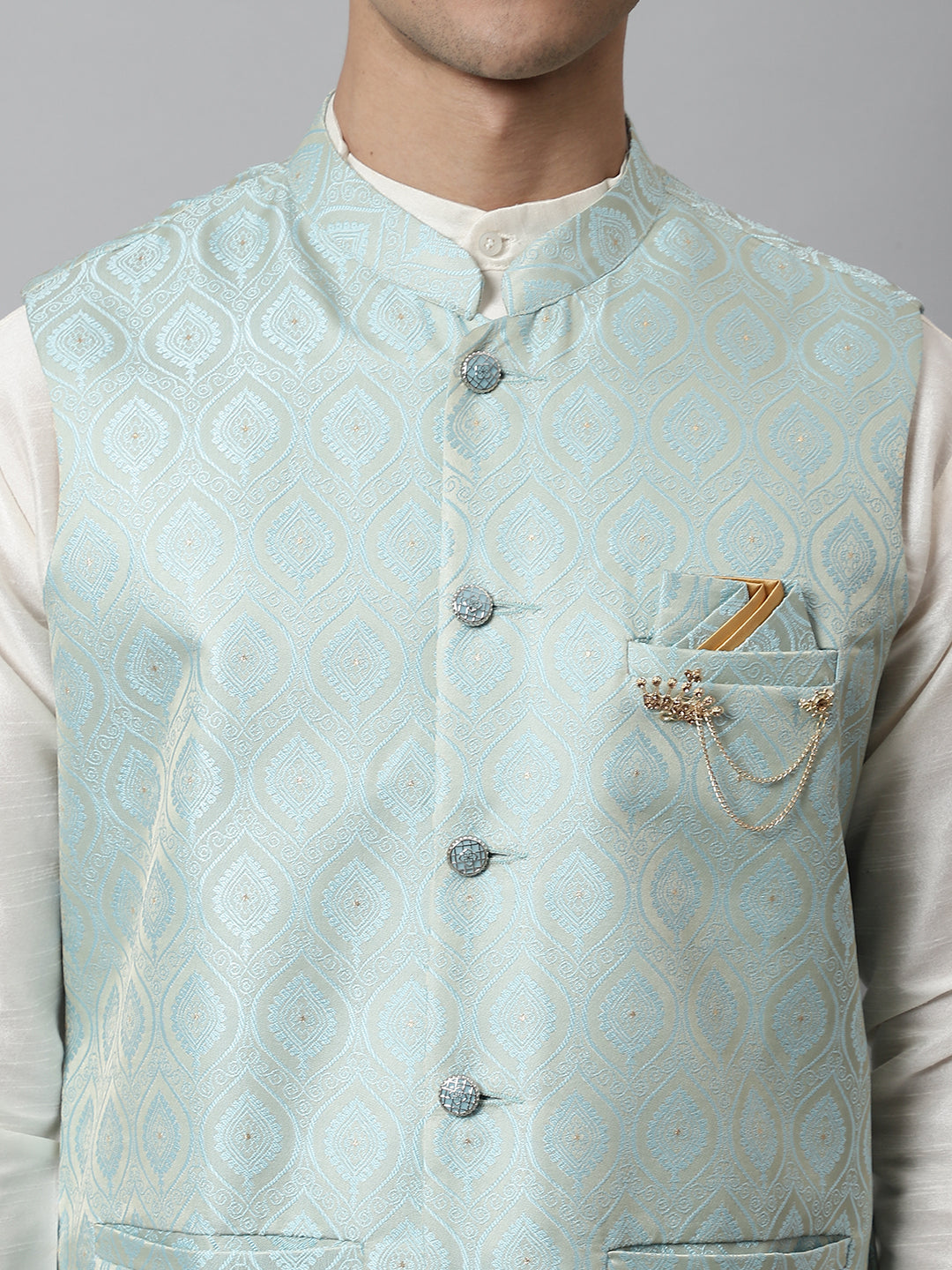Jompers Men's Off White Solid Kurta Pyjama with Sky Blue Woven Design Nehru Jacket