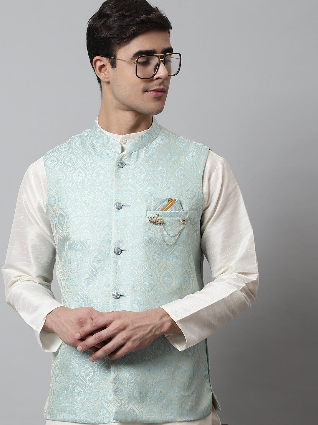Jompers Men's Off White Solid Kurta Pyjama with Sky Blue Woven Design Nehru Jacket
