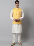 Jompers Men's Off White Solid Kurta Pyjama with Yellow Woven Design Nehru Jacket