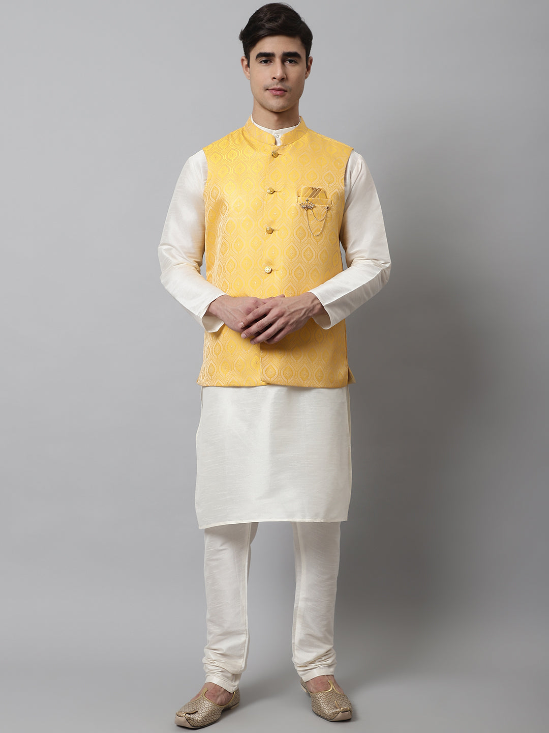 Jompers Men's Off White Solid Kurta Pyjama with Yellow Woven Design Nehru Jacket