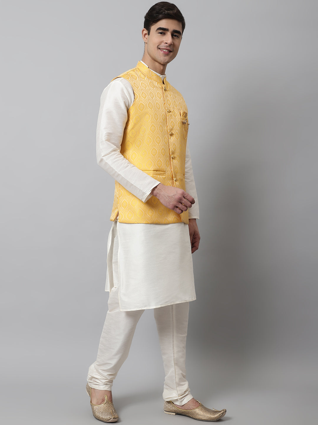 Jompers Men's Off White Solid Kurta Pyjama with Yellow Woven Design Nehru Jacket