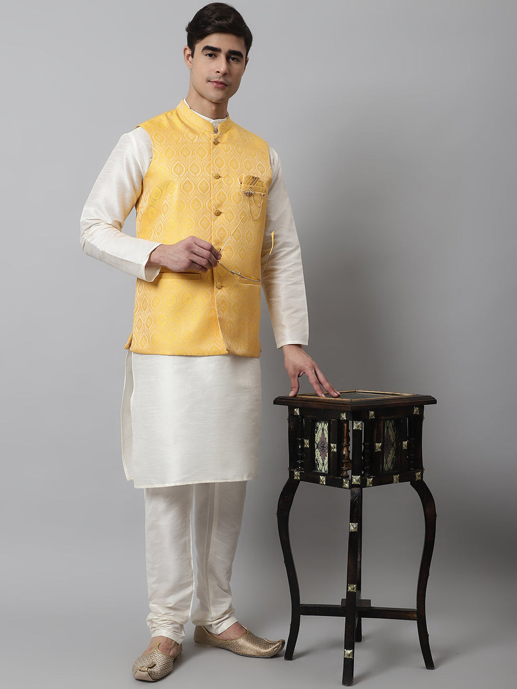 Jompers Men's Off White Solid Kurta Pyjama with Yellow Woven Design Nehru Jacket