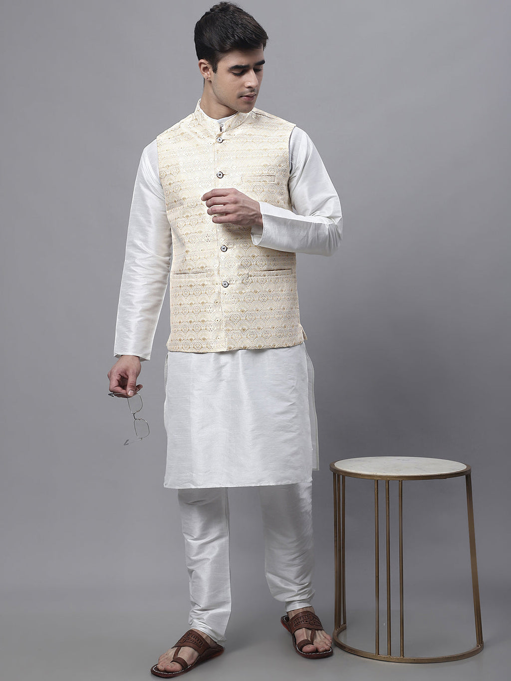Jompers Men's off-White Solid Kurta Pyjama with Golden Woven Design Nehru Jacket