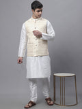Jompers Men's off-White Solid Kurta Pyjama with Golden Woven Design Nehru Jacket