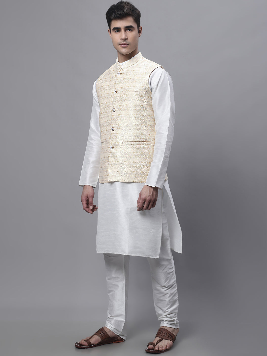 Jompers Men's off-White Solid Kurta Pyjama with Golden Woven Design Nehru Jacket