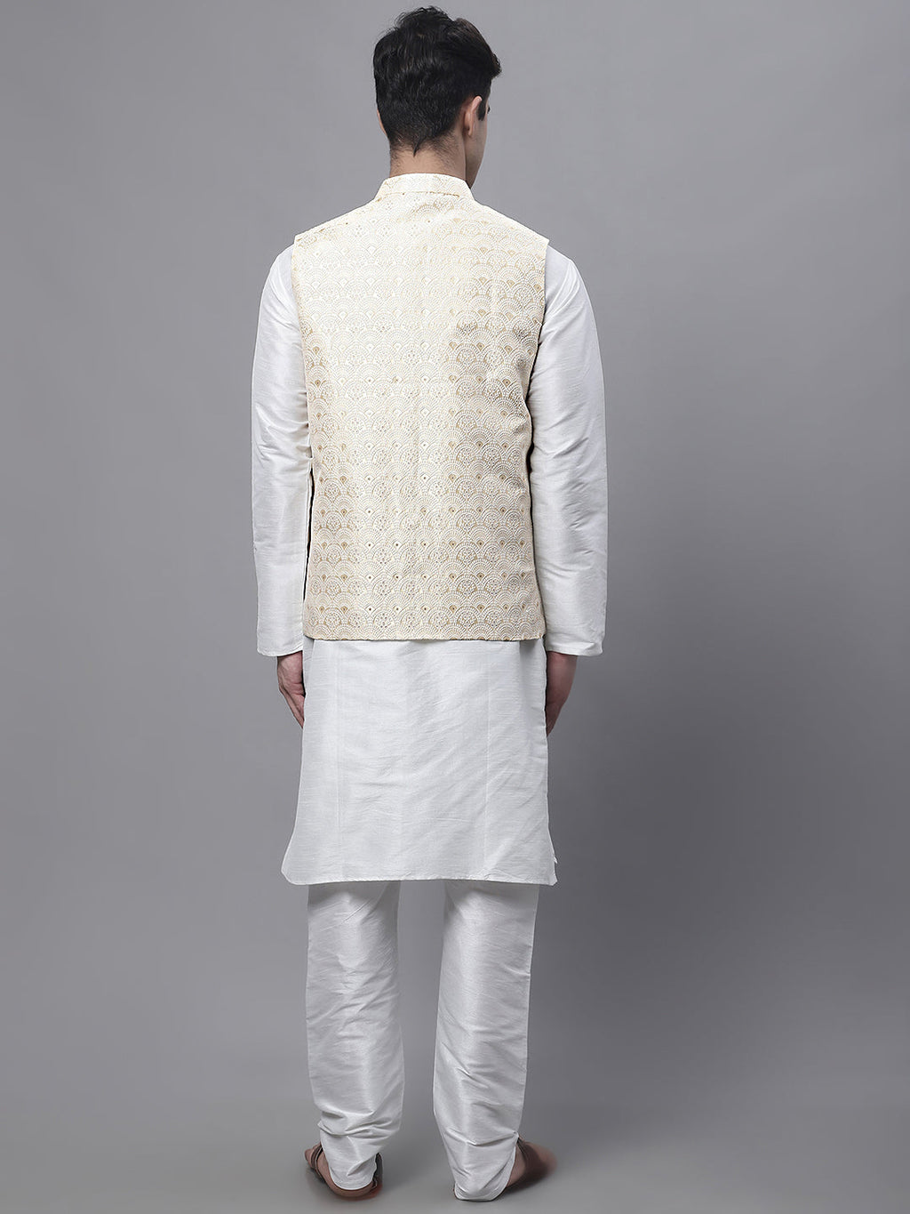 Jompers Men's off-White Solid Kurta Pyjama with Golden Woven Design Nehru Jacket