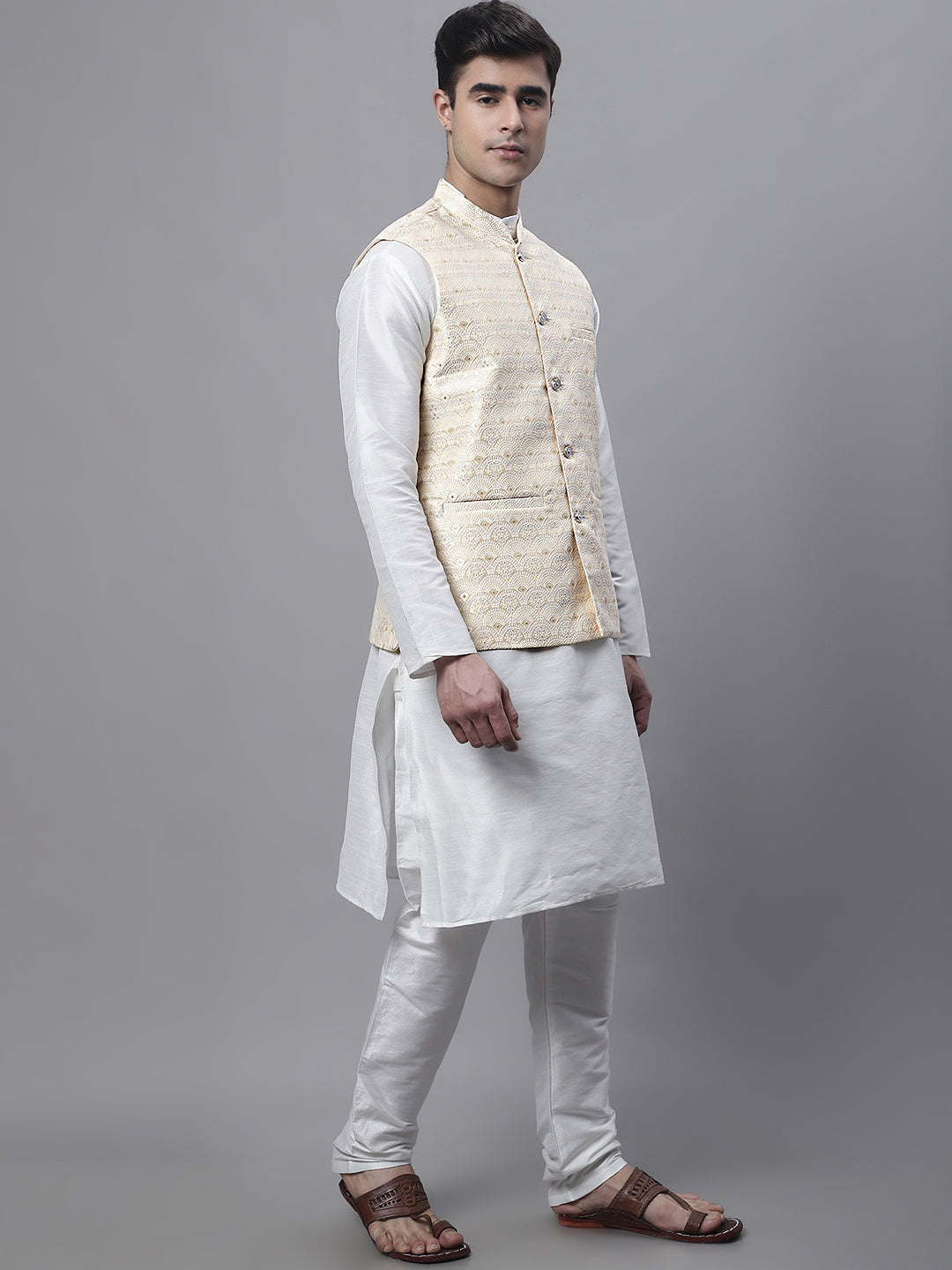 Jompers Men's off-White Solid Kurta Pyjama with Golden Woven Design Nehru Jacket