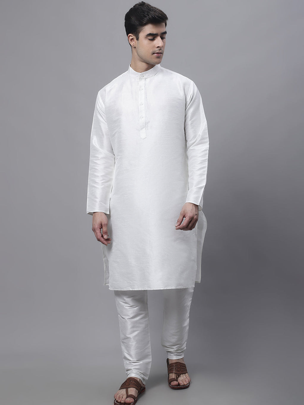 Jompers Men's off-White Solid Kurta Pyjama with Golden Woven Design Nehru Jacket