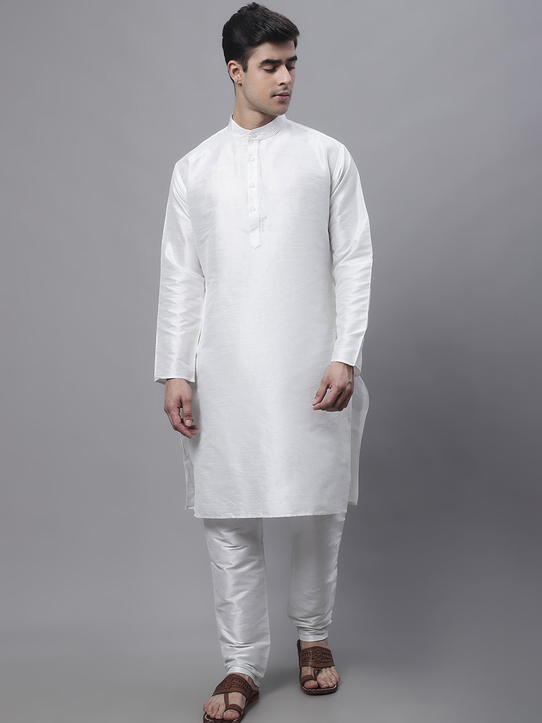 Jompers Men's off-White Solid Kurta Pyjama with Golden Woven Design Nehru Jacket