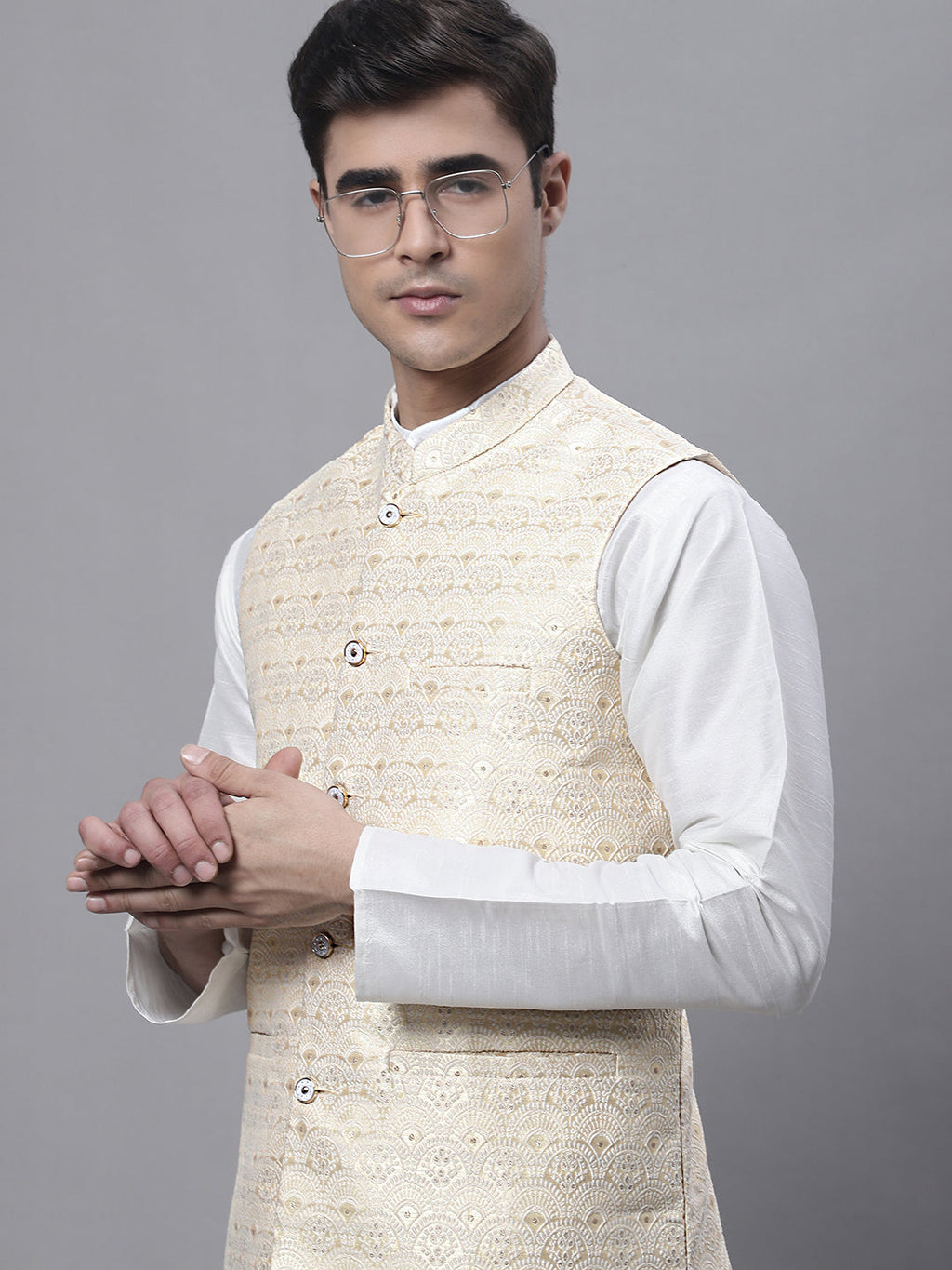 Jompers Men's off-White Solid Kurta Pyjama with Golden Woven Design Nehru Jacket