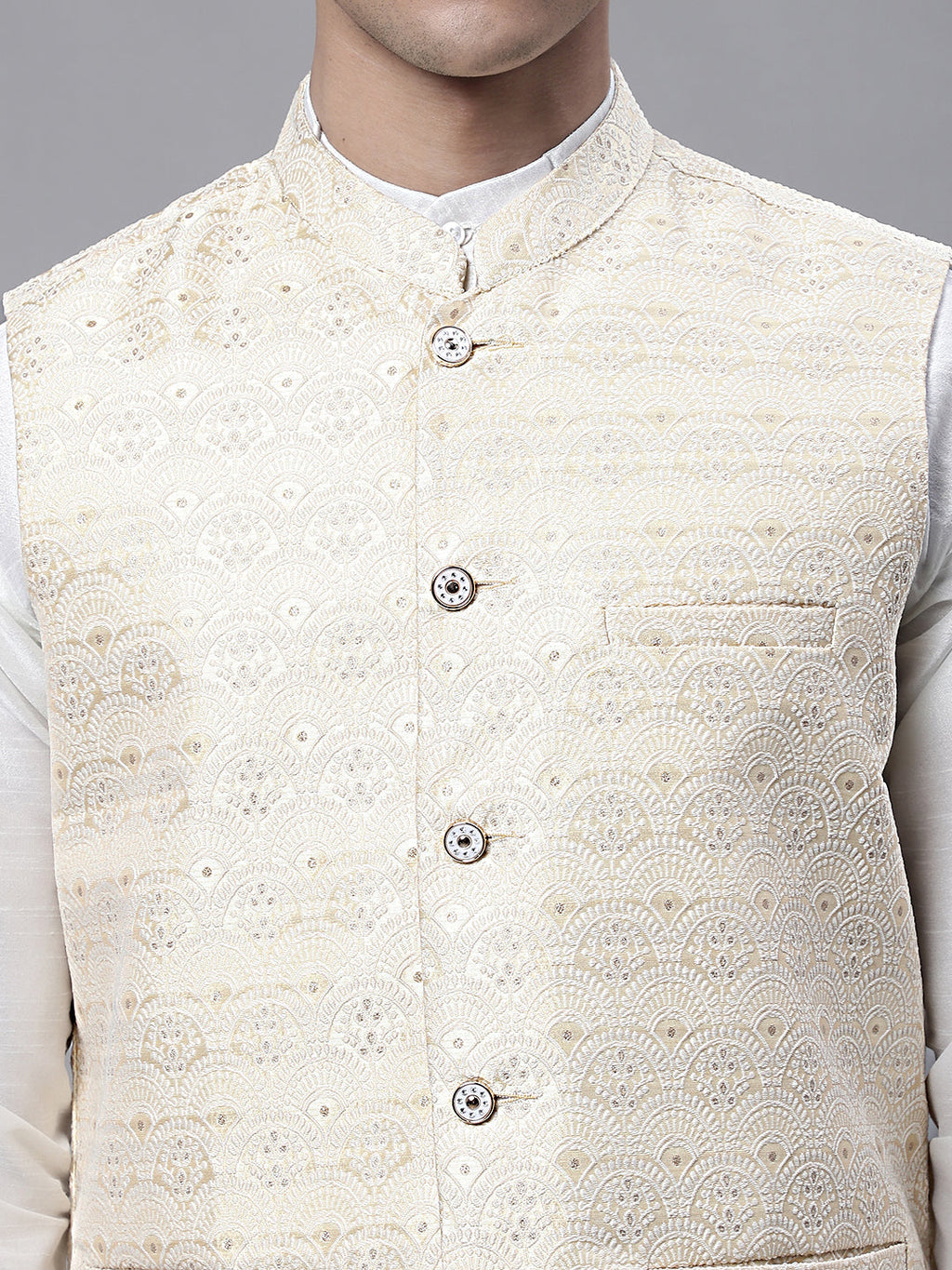 Jompers Men's off-White Solid Kurta Pyjama with Golden Woven Design Nehru Jacket