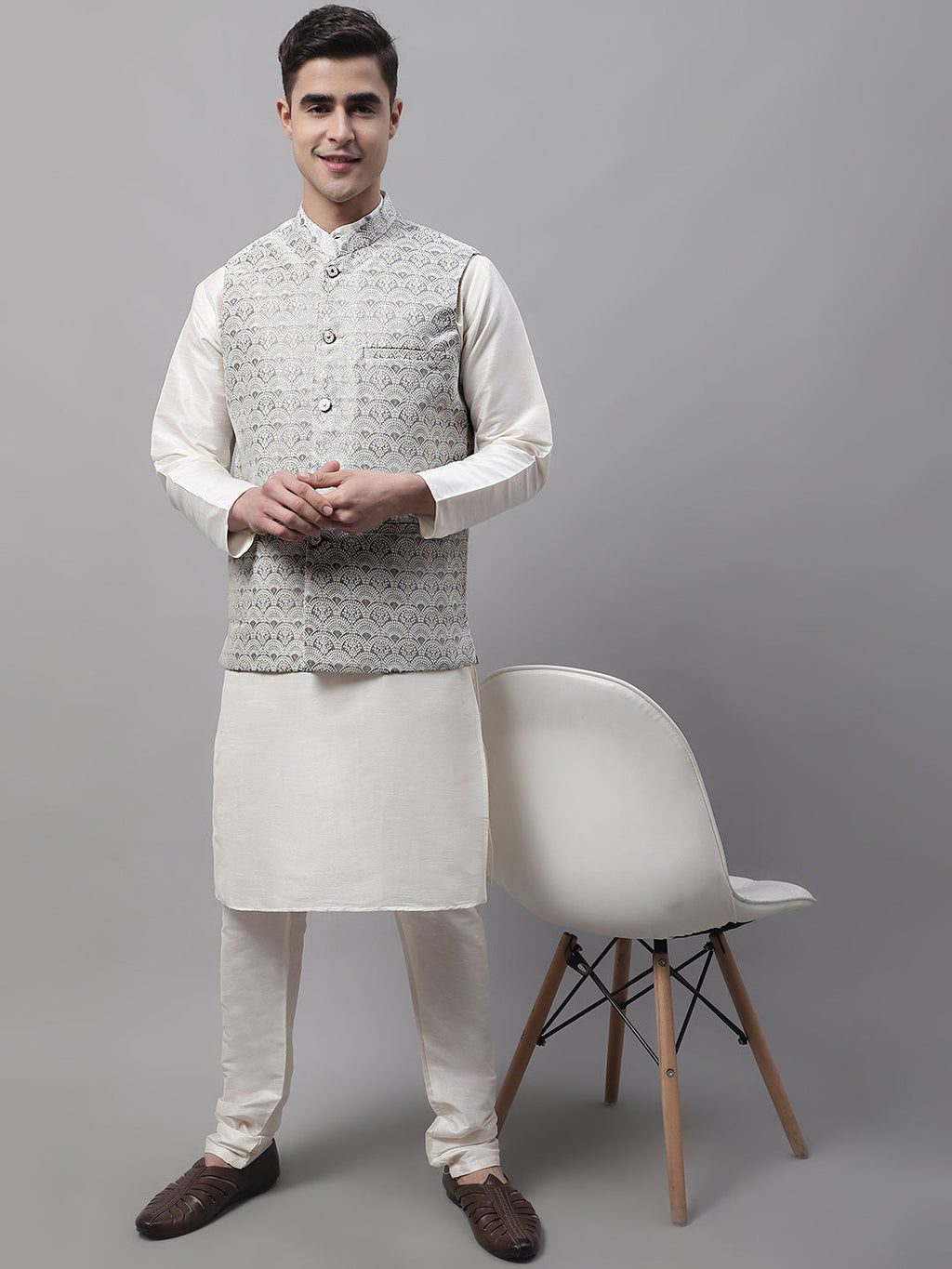 Jompers Men's off-White Solid Kurta Pyjama with Grey Woven Design Nehru Jacket