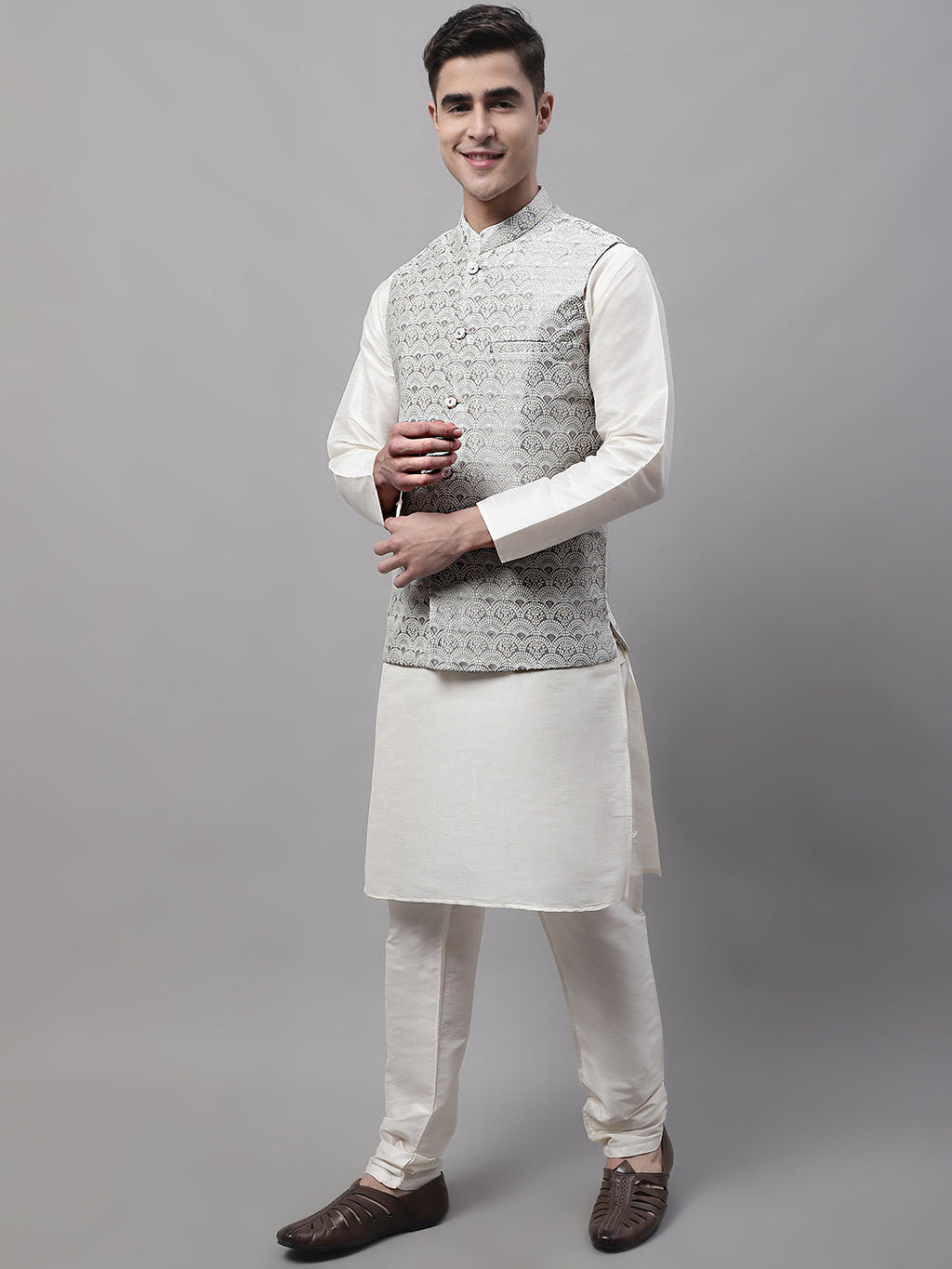 Jompers Men's off-White Solid Kurta Pyjama with Grey Woven Design Nehru Jacket