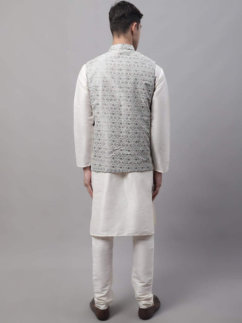 Jompers Men's off-White Solid Kurta Pyjama with Grey Woven Design Nehru Jacket