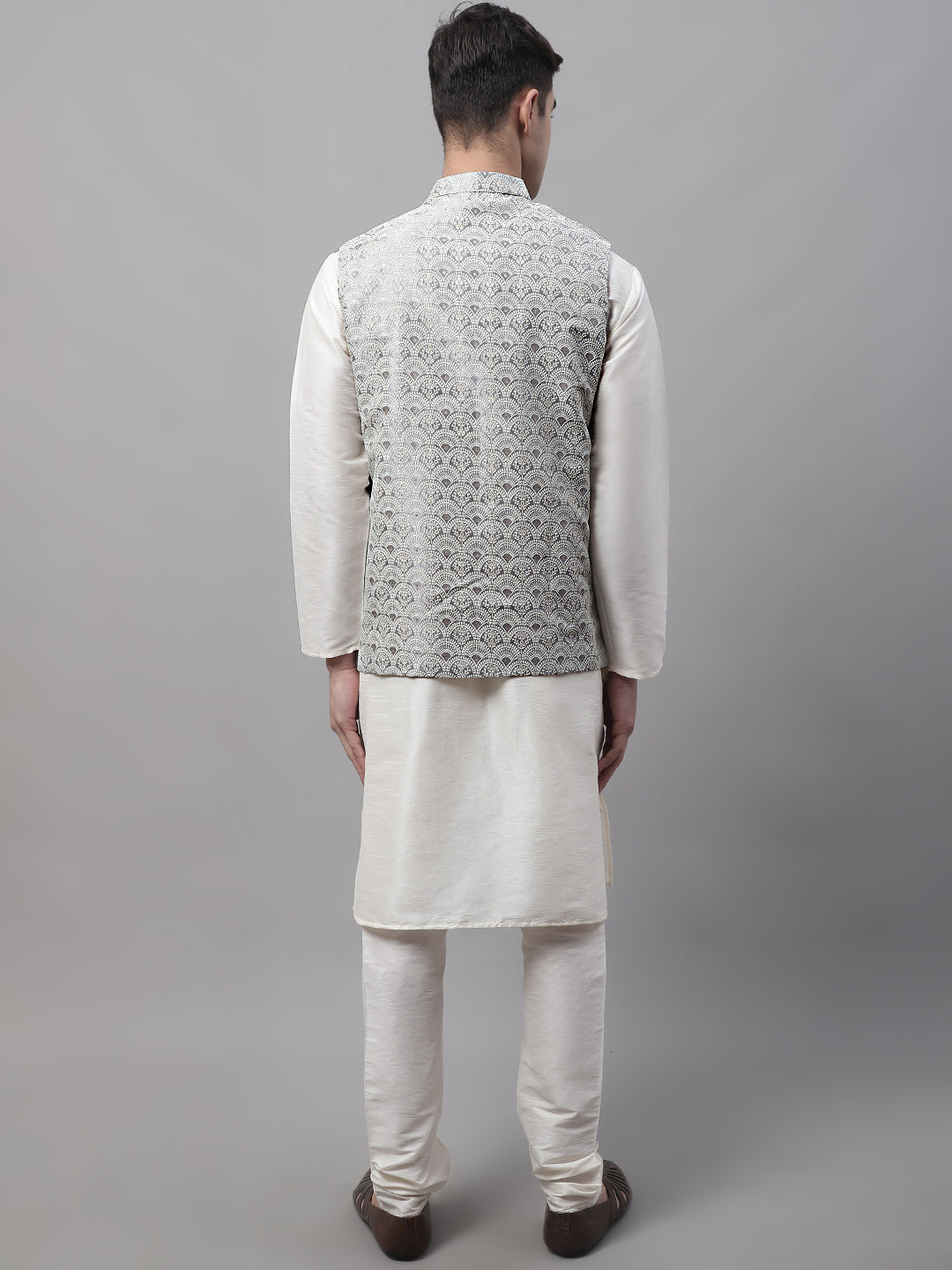 Jompers Men's off-White Solid Kurta Pyjama with Grey Woven Design Nehru Jacket