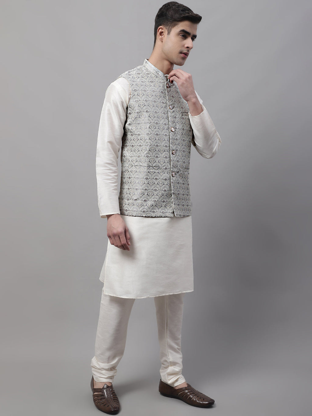 Jompers Men's off-White Solid Kurta Pyjama with Grey Woven Design Nehru Jacket