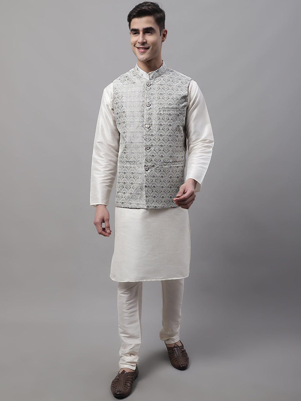 Jompers Men's off-White Solid Kurta Pyjama with Grey Woven Design Nehru Jacket