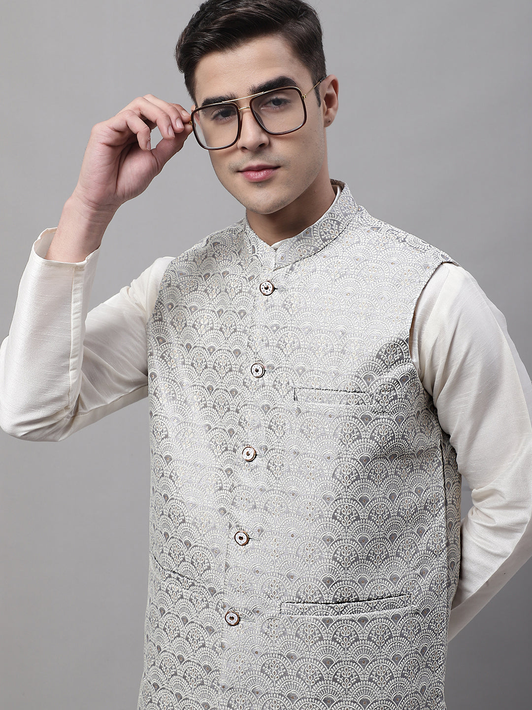 Jompers Men's off-White Solid Kurta Pyjama with Grey Woven Design Nehru Jacket
