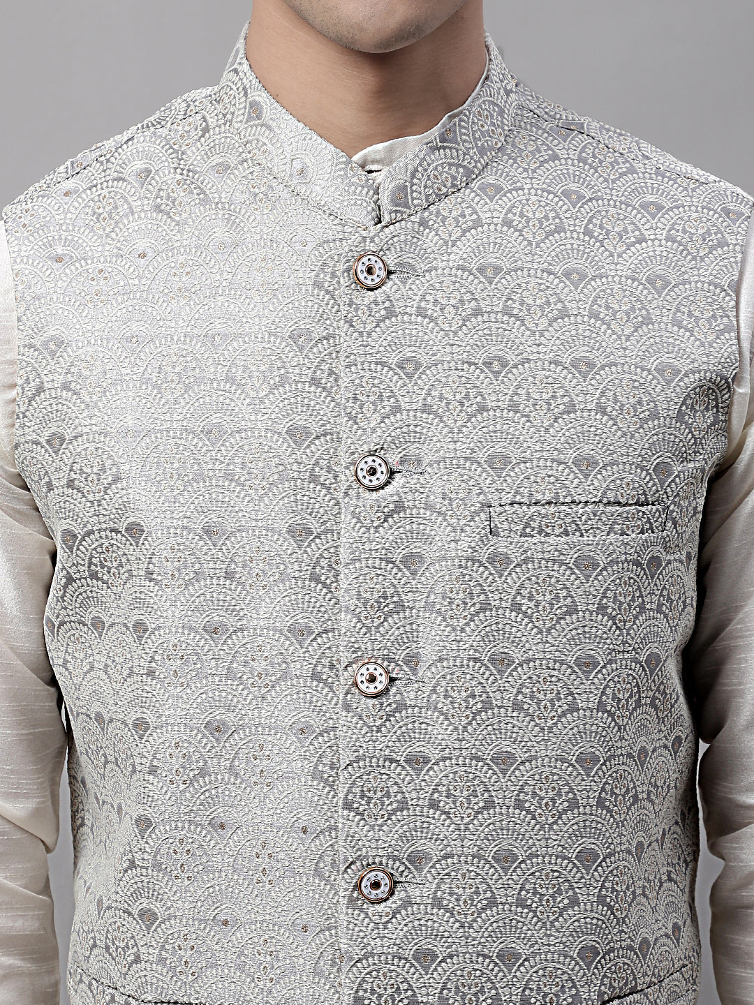 Jompers Men's off-White Solid Kurta Pyjama with Grey Woven Design Nehru Jacket