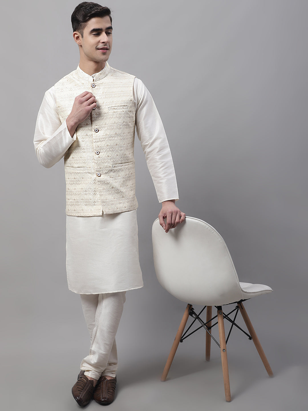 Jompers Men's off-White Solid Kurta Pyjama with Cream Woven Design Nehru Jacket