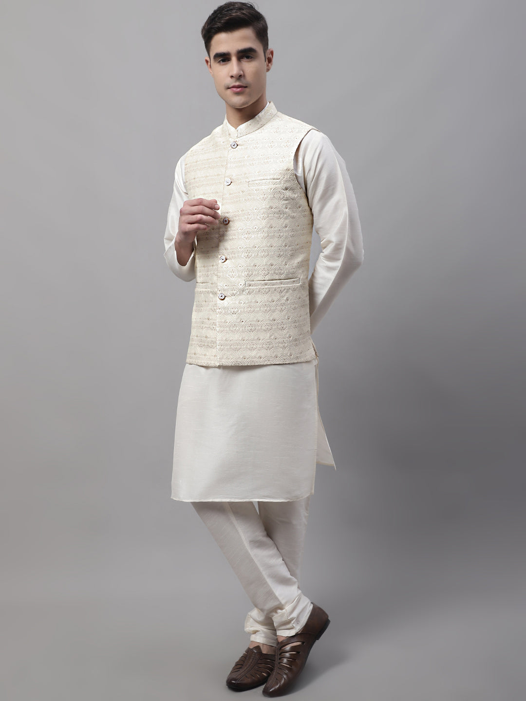 Jompers Men's off-White Solid Kurta Pyjama with Cream Woven Design Nehru Jacket