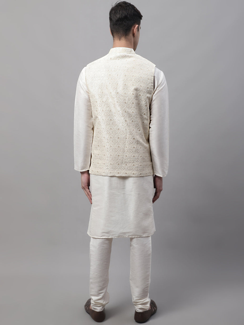 Jompers Men's off-White Solid Kurta Pyjama with Cream Woven Design Nehru Jacket