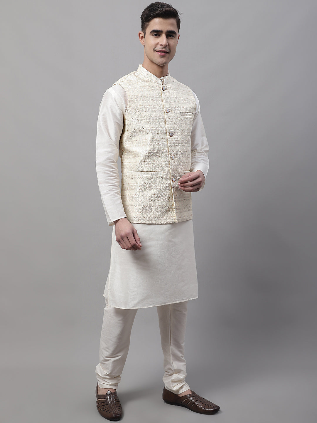 Jompers Men's off-White Solid Kurta Pyjama with Cream Woven Design Nehru Jacket